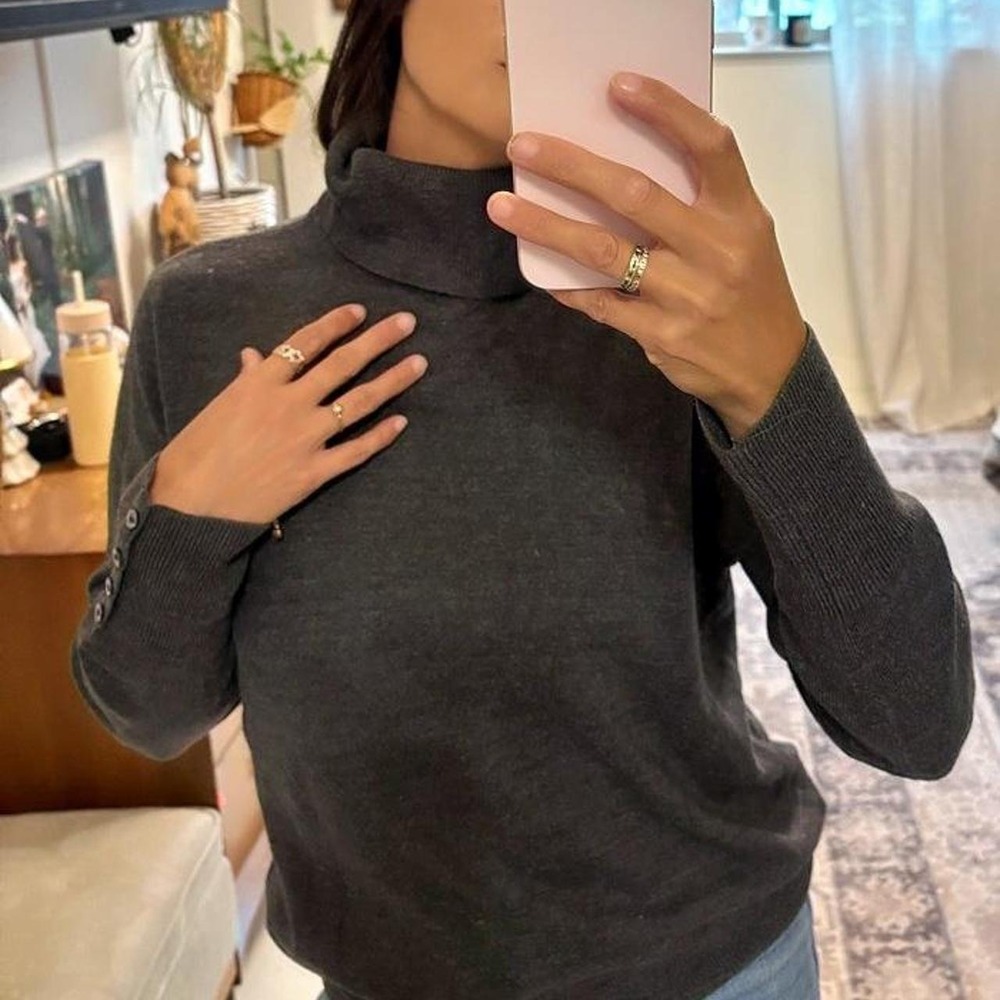 JM Collection Petite Womens Charcoal Gray Turtleneck Sweater Button Cuff PL